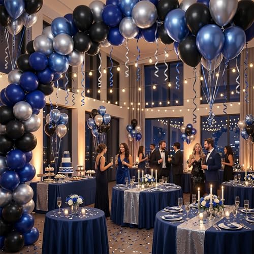 Image of KBZVNAF Black Blue Silver Latex Balloons - 60 Pack 12 inch Royal Blue Black Metallic Blue Silver Party Balloons for Birthday, Baby Shower, Graduation Party Decorations