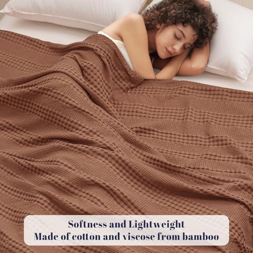PHF Cooling Waffle Blanket King Size, Lightweight 60% Rayon Derived from Bamboo & 40% Cotton Breathable Blanket for Hot Sleepers, Soft and Luxury for Bed Couch and Sofa, 104"x90", Burnt Umber