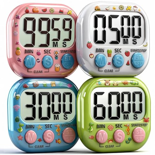 Acomingwin 4 Stück Eieruhr Digitaler Timer mit Stoppuhr Kinder, Küchentimer für Kochen Sport Klassenzimmer Lernen- Lauter Alarm