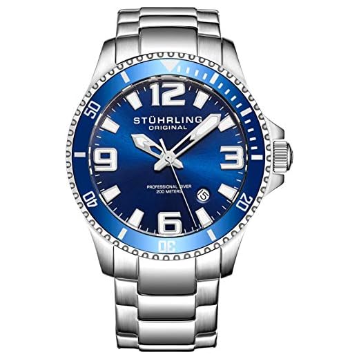 Stuhrling Original Mens Swiss Quartz Stainless Steel Sport Analog Dive Watch, Water Resistant 200 Meters, Blue/Black Dial, Aqua-Diver