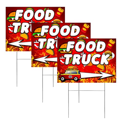 3 Pack Food Truck Signs Double-Sided Yard Signs Conspicuous Plastic Food Flag with Metal Stakes for Street Vendors Restaurant Carts and Festival Booths