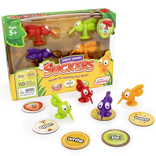 Image of Junior Learning: Sight Words Suckers - Interactive Early Reading & Literacy Game Play, 4 Suction-Cup Mosquito Toys Grab Food Themed Tiles, Kids 5+