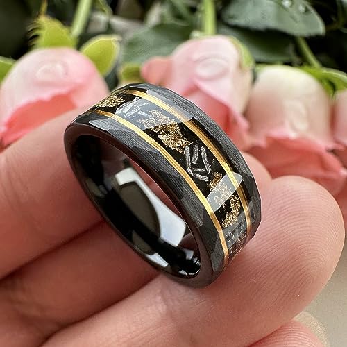 TUTISS 8mm Hammered Tungsten Rings with Meteorite Chip Gold Foil Inlay for Men and Women
