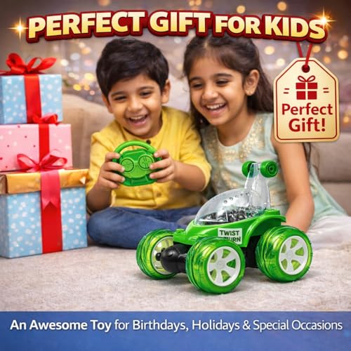 Image of SMART BOY Rechargeable 360 Stunt Remote Control Car for Kids with LED Lights, USB Charging, Anti-Skid Rubber Tires, 4WD RC Toy Indoor Outdoor Toy Gift for Boys Girls Age 3 4 5 6 7+ Years 9802GREEN
