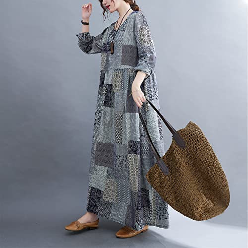 Bozony Vestido feminino solto estampado vintage com bolso manga comprida gola redonda vestido casual