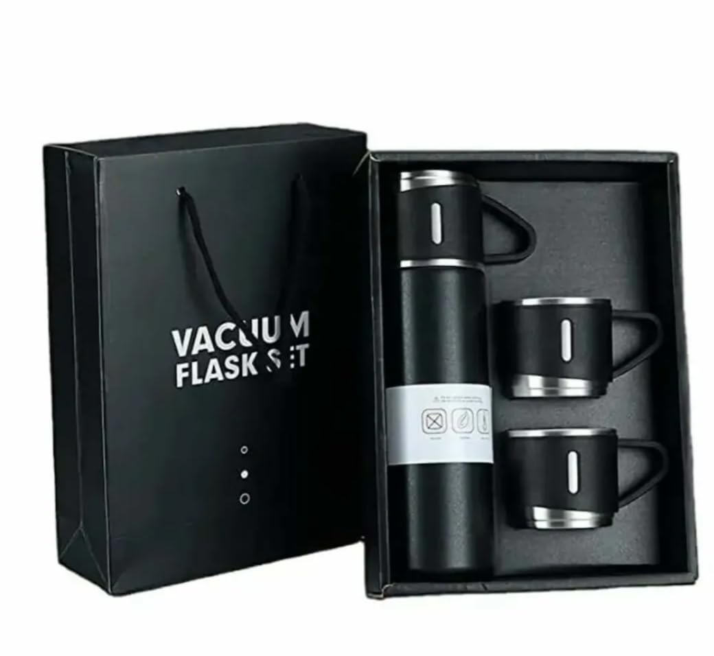 MEHRANSH® Stainless Steel 500 ml Insulated Double Walled Vacuum Thermal Flask Set with 3 Cups | Hot and Cold Bottle | Perfect for Corporate Giftings (Random Color)