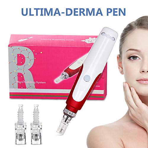 Derma Pen, Tipo a baionetta regolabile 0,25-2,0 mm con 2 cartucce, per viso e corpo, rosso