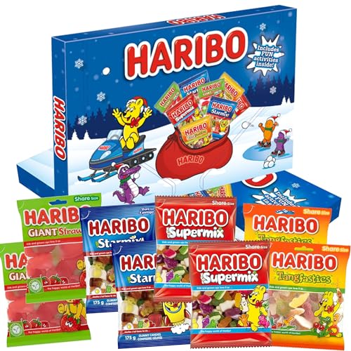 Haribo Christmas Candy Gift, Holiday Gummy Candy for Kids, Selection Box with Fun Activities, Includes Starmix, Super Mix and More For Stocking Stuffers