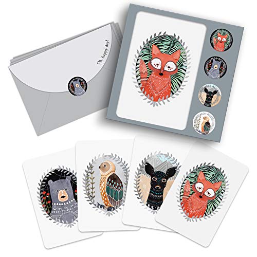 Image of Note Card & Sticker Set by Studio Oh! - Marissa Redondo Woodland Creatures - Set of 12 - 3.5 inch x 5.25 inch Blank Cards with Envelopes and Stickers - Includes 3 Cards Each of 4 Designs (82608)