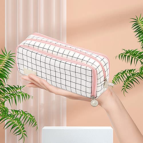 Image of MAMUNU Big Capacity Pencil Pen Case, 3 Compartments Large Storage Canvas Pencil Pouch with Zipper, Aesthetic Pencil Pouch For School Students Teen Girls Boys (Pink White)