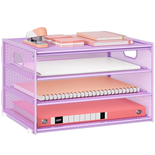 Lavatino 3-Tier Letter Tray Desk Organizer, Mesh Paper File Tray Organizer for Desk, Office Supplies & Home Organization, Fits A4 Paper, Mail, Magazines & Office Accessories (Purple with Handle)