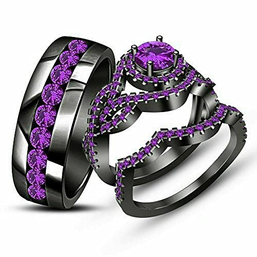 Charming Creation 3.00 Ct Round Over Purple Amethyst His & Her Engagement Trio Ring Set 14K Black Gold Plated (9)