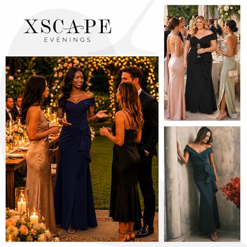 Image of Xscape Women's Long Off-the-Shoulder Sweetheart Neckline Formal Evening Gown with Ruching and Draped Ruffle Detail
