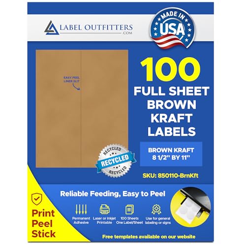 100 Label Outfitters® 8.5" x 11" Full Sheet Recycled Brown Kraft Labels - 100 Sheets