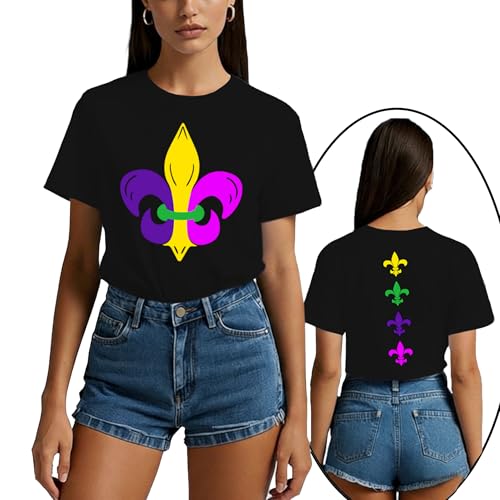 FlowFem New Orleans Shirts for Women Fat Tuesday T-Shirt Holiday Party Tee Tops Black