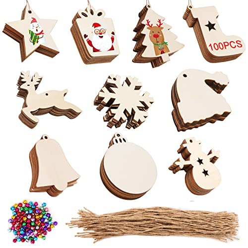 100 Stück Holz Weihnachtsschmuck zum Aufhängen, 10 Arten Weihnachtsanhänger mit 100 Stück Kordeln und 100 Stück Glocken, Hängende Baumschmuck für Kamindekor, Geschenkanhänger Malerei Kindergarten Cover