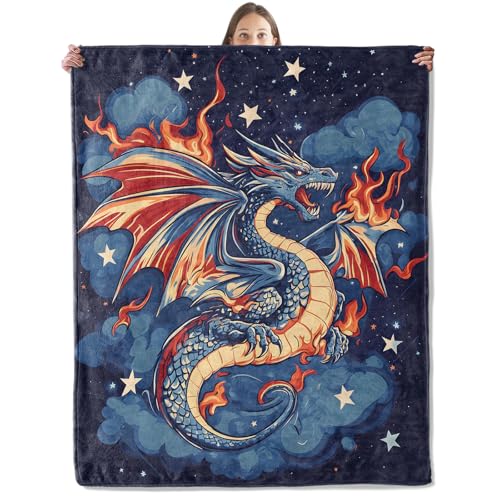 xmwjfd Fire Dragon Blanket, Cozy Plush Fiery Blue & Red Dragons Soaring Throw Blanket for Couch Bedroom Outdoor, Lightweight Soft Flannel Travel Blankets, Gifts for Women Kids, Warm Decor 60"×80"