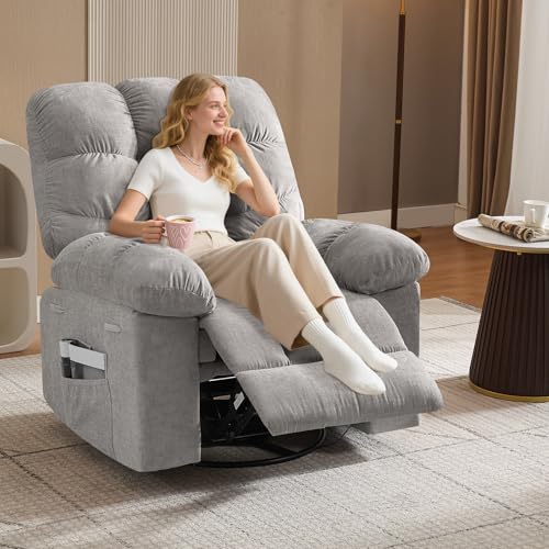 Image of 360 Swivel Rocking Recliner Chair with Vibration Massage & Heat, Oversized Rocker Recliner with Side Pocket for Living Room, Bedroom, Nursery & Small Spaces,Gray