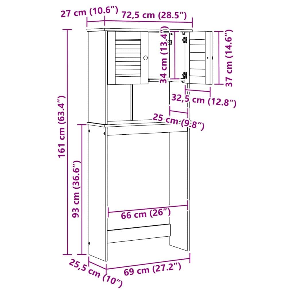 Szafka na pralkę VIGO biała, antyczna biel, z litego drewna sosnowego, z 2 półkami i drzwiami, 72,5 x 27 x 161 cm, miejsce do przechowywania łazienki, toalety dla gości, organizer i