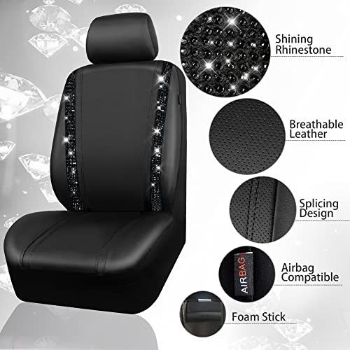 Image of CAR PASS Bling Diamond Car Seat Covers, Shining Rhinestones Waterproof Faux Leather, 7 Seats 3 Rows with Zipper Glitter Crystal Sparkle Strips Universal Fit 95% MPV,SUV,CAR for Women Girl, Black