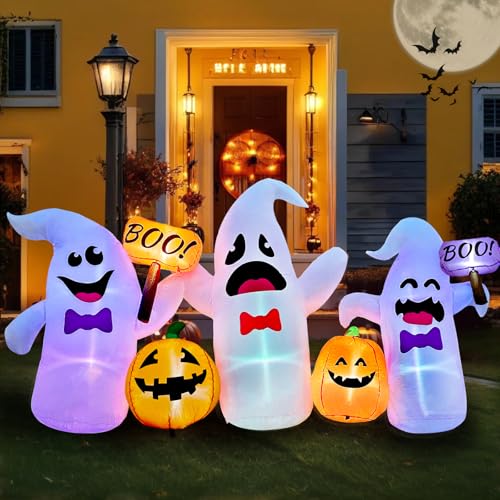 Image of 8FT Long Halloween Inflatable Ghosts and Pumpkins, 3 Blow Up Ghosts Inflatables with 2 Pumpkin Built-in LED Lights for Halloween Party Yard Garden Lawn Decorations