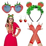 UILYNIU 4 Pcs Strawberry Costume Set, Strawberry Headband, Strawberry Sunglasses, Red Gloves, Strawberry Earrings, Strawberry Accessories for Hawaiian Fancy Dress Carnival Fruit Costume Party (4 Pcs)