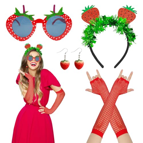 UILYNIU 4 PCS Ensemble de Costumes de Fraise Bandeau de Fraise Lunettes de Soleil Fraise Gants Rouges Boucles Oreilles Fraises Deguisement Fraise pour Costume de Fruit Carnaval Hawaïen (4 Pcs)