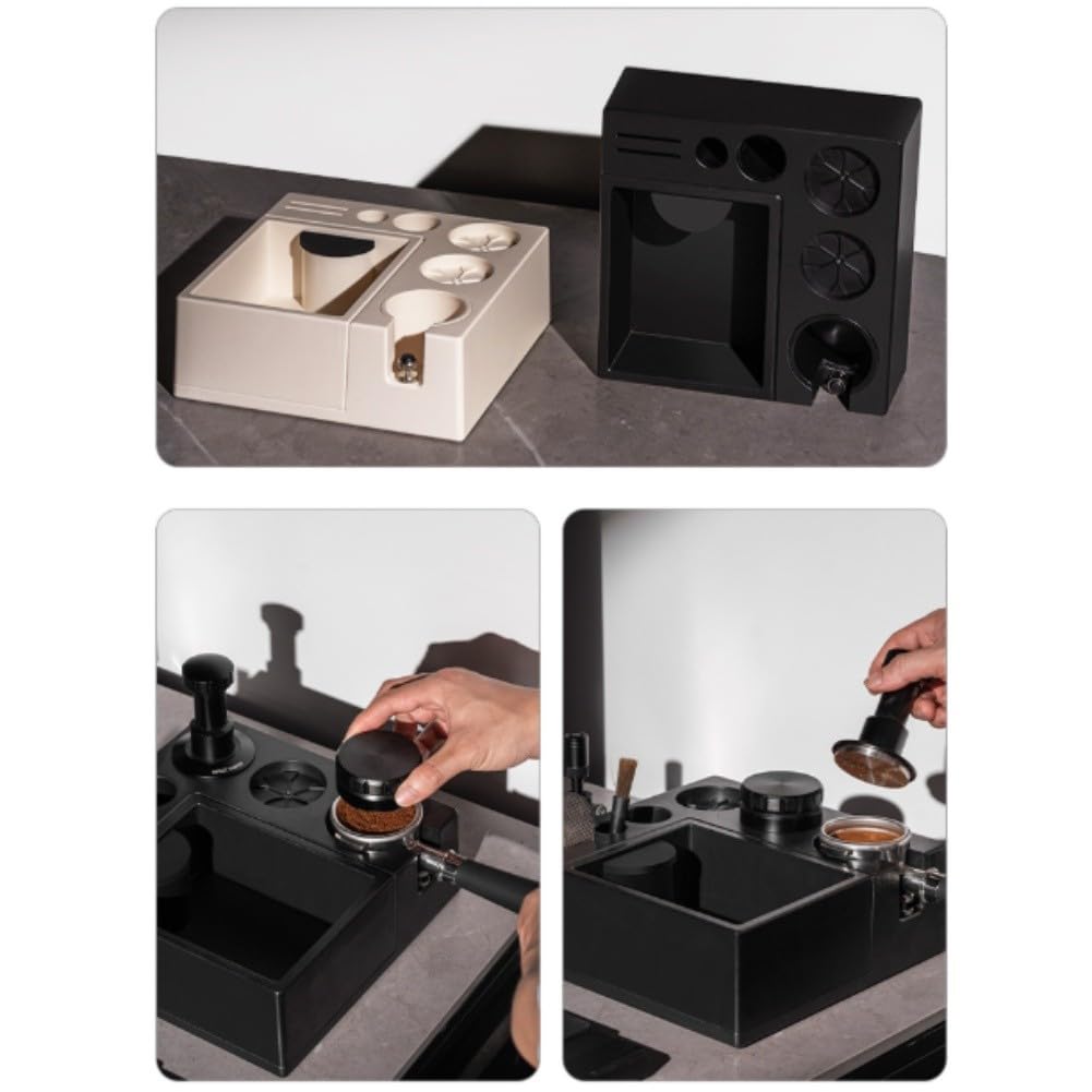 Pudełko do espresso z kartonami na 51, 58 mm, tamper i talerz, biały, idealny dla baristów, miłośników kawy i miłośników domowego warzenia piwa