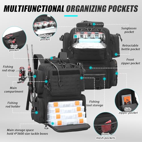 Image of Tactical Fishing Backpack with 4 Tackle Boxes, Rod Holders & Bottle Holder | 50 L Large Insulated Fishing Tackle Backpack with Cooler, Fishing Bag for Store Gear & Equipment