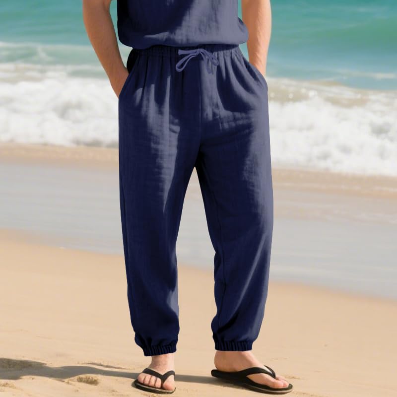 Men's Linen Blend Pants Lightweight Elastic Waist Drawstring Loose Fit Trousers with Pockets for Summer Beach Yoga2