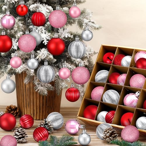 Lunmon 64 Pcs Pink and Red Silver Christmas Ornaments Glitter Xmas Bulbs