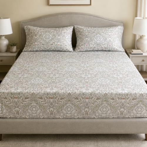 Image of Linen Home Cotton Percale Fitted Bedsheet Set Queen Size Damask Pink
