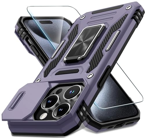 Coque iPhone 15 Pro antichoc noire béquille militaire cache caméra et écran verre