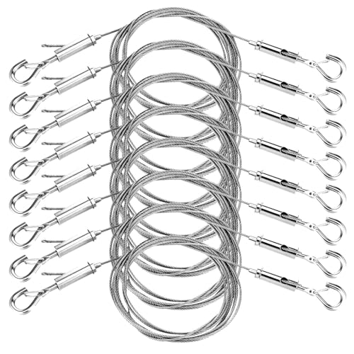 Image of 8PCS Adjustable Picture Hanging Wire Kit,Frame & Mirror Hanging Wire Kit,6.6FT Heavy Duty Stainless Steel Wire for Hanging Pictures,Frame,Mirrors,Billboards,Basket,Flowerpot,Supports Up to 66lbs