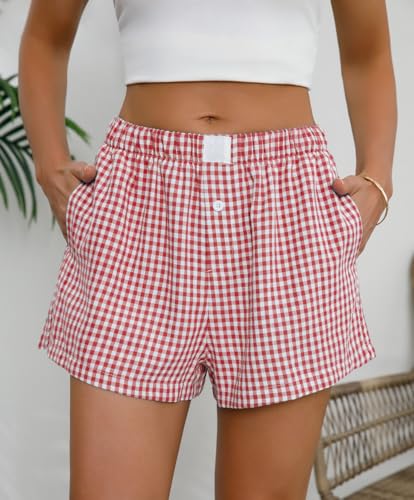 Womens Boxer Shorts Cotton Summer Casual Pajama Y2K Sleep Gingham Plaid Shorts Bottom with Pockets3
