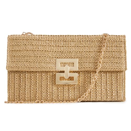 Image of Huralona Women Straw Woven Clutch Purse Pleated Handbag for Summer Beach Vacation Straw Shoulder Crossbody Bag