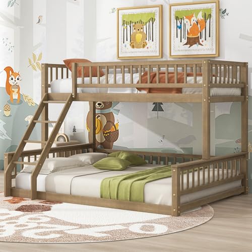 Merax Twin XL Over Queen Floor Bunk Bed, Kids Brown Wood Bunk Bed Frame with Ladder & Guardrails, Space Saving Teens Youths Beds for Bedroom, Guest Room, Noise Free, No Box Spring Needed, Walnut Brown