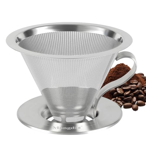 Mongdio Pour Over Coffee Dripper, Stainless Steel Coffee Dripper, Reusable Metal Coffee Filter, Double-Mesh Design, Clever Dripper with Handle, For Home, 1-4 Cups