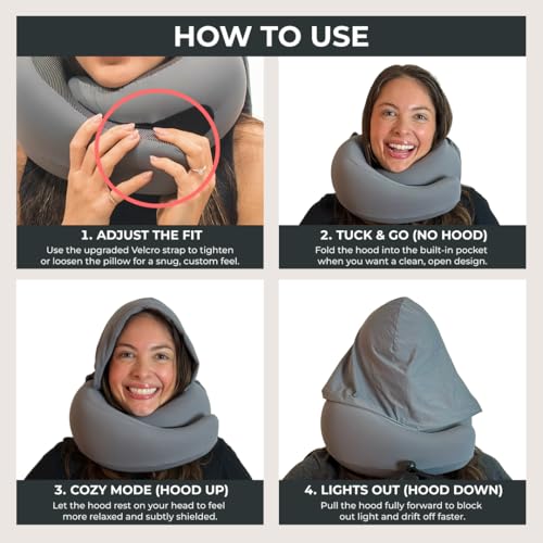 Image of FlyHugz 2.0 Hooded Travel Pillow - 2026 Original Release - Memory Foam Neck Pillow with Adjustable Hood & Premium Elastic Washable Cover - First Class Comfort for Flights, Road Trips & Sleep-Gray.