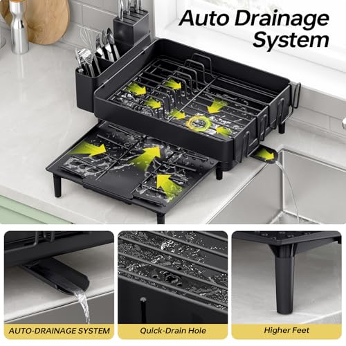 Image of Urackify Dish Drying Rack for Kitchen Counter, 304 Stainless Steel Dish Rack, Expandable Dish Drainer, Foldable Dish Strainer with Cutlery Holder, Kitchen Plate Rack (Black, Large Size)