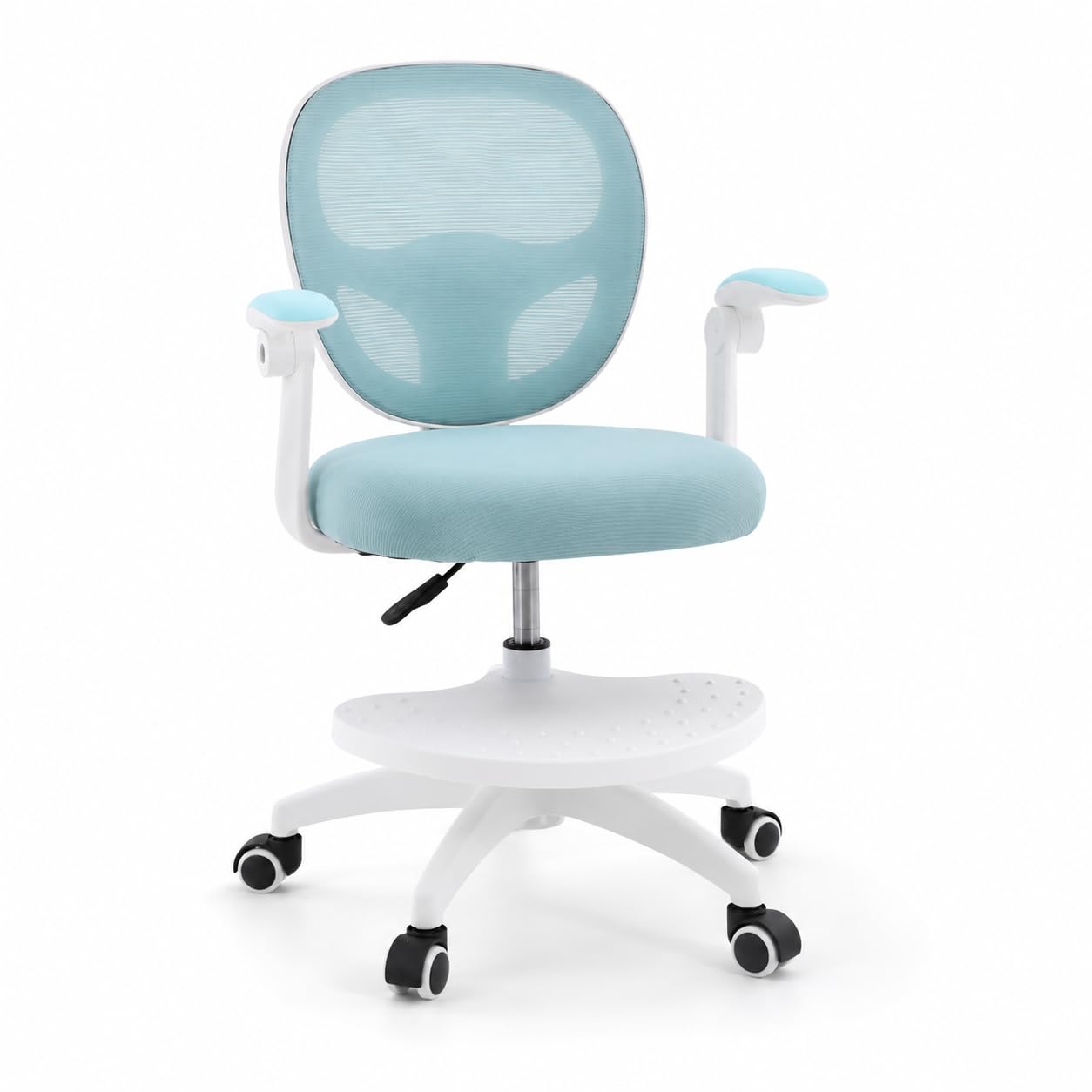 Sedia da scrivania per bambini, regolabile in altezza, 50 kg, blu | rete, schiuma, forma a sella, pieghevole a 90°, 50 kg, ruote a gravità, girevole a 360°, seduta da 10 cm + poggiapiedi, 5-13J