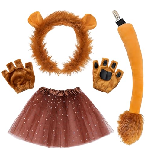 Orizizhic Löwen Kostüm Zubehör Set for Erwachsener Enthalten Plüsch Löwenohr Stirnband Handschuhe Schwanz Tutu Rock für Karneval Kostüm Tierisches Thema Weltbuchtag Party Halloween Damen Herren