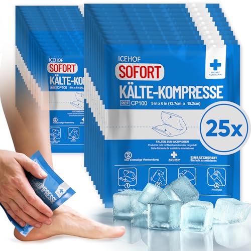 ICEHOF Kühlpads zum Knicken - 25x Sofort Kältekompresse - 15 3 x 12 7 cm Einmal Kühlpacks - Einweg Kühlpads Kühlkompresse für Unterwegs - Knick Kühlpack - Kühlpack zum Knicken