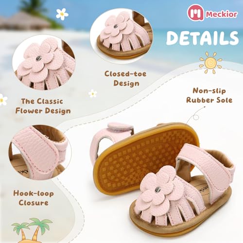 Image of Meckior Baby Toddler Infant Girls PU Leather Soft Open Toe Summer Sandals Flower Princess Flat Shoes