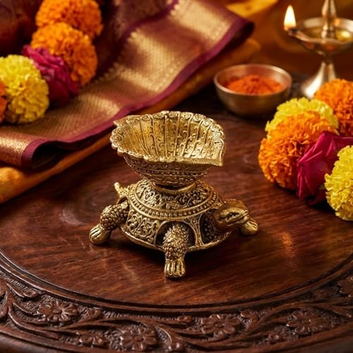 Image of eCraftIndia Brass Turtle Tortoise Diya for Pooja Traditional Diya for Temple Home Decor Oil Lamp for Aarti Gift for Diwali