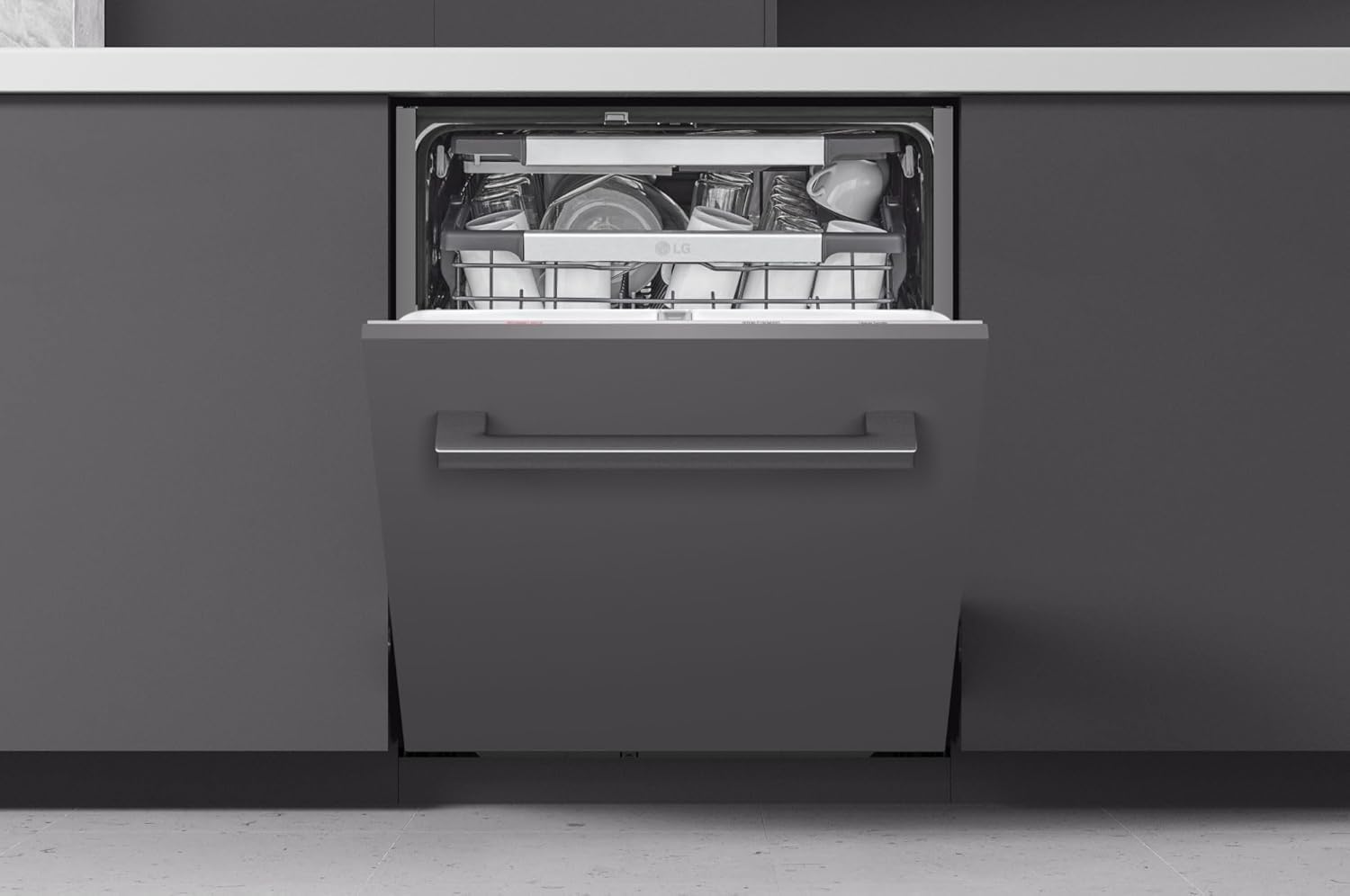 LG QuadWash DB365TXS Lavastoviglie da Incasso a Scomparsa Totale, Serie 3, Classe B, 14 coperti, 4 Bracci Irroratori, Vapore, Cerniere Sliding, Apertura Automatica, 3° Cestello, Wi-Fi, Acciaio