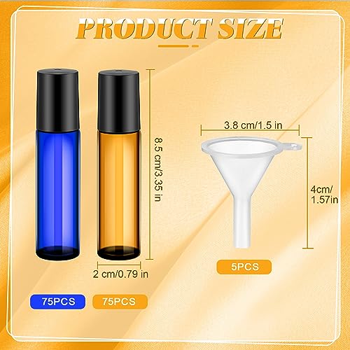 Image of Sumind 150 Pcs Glass Essential Oil Roller Bottles 10 ml, Amber, Blue