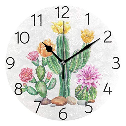 Agona Wall Clock Watercolor Cactus Pink Flower Desk Clock Art Creative Wall Clocks Battery Operated Non Ticking Silent Wall Clock Decorative For Living Room Kids Room Kitchen Office Decor #TOP6