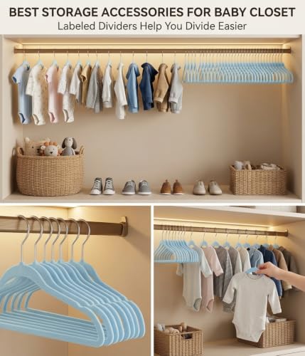 Image of 6 -Pcs Light Blue Kids Velvet Hangers Premium 11-Inch Children's for Closet, Ultra-Thin and Cute, Non-Slip Felt Design, Small for Kids' Clothes.