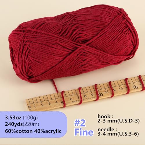 Image of LUCKY BALL Milk Cotton Yarn, 100g / 240 yd 60% Cotton 40% Acrylic #2 Fine Sport Yarn, Soft Crochet & Knitting Yarn for Amigurumi Dolls, Baby Items, Flowers, Hats, Sweaters, Blankets (Angola Red)